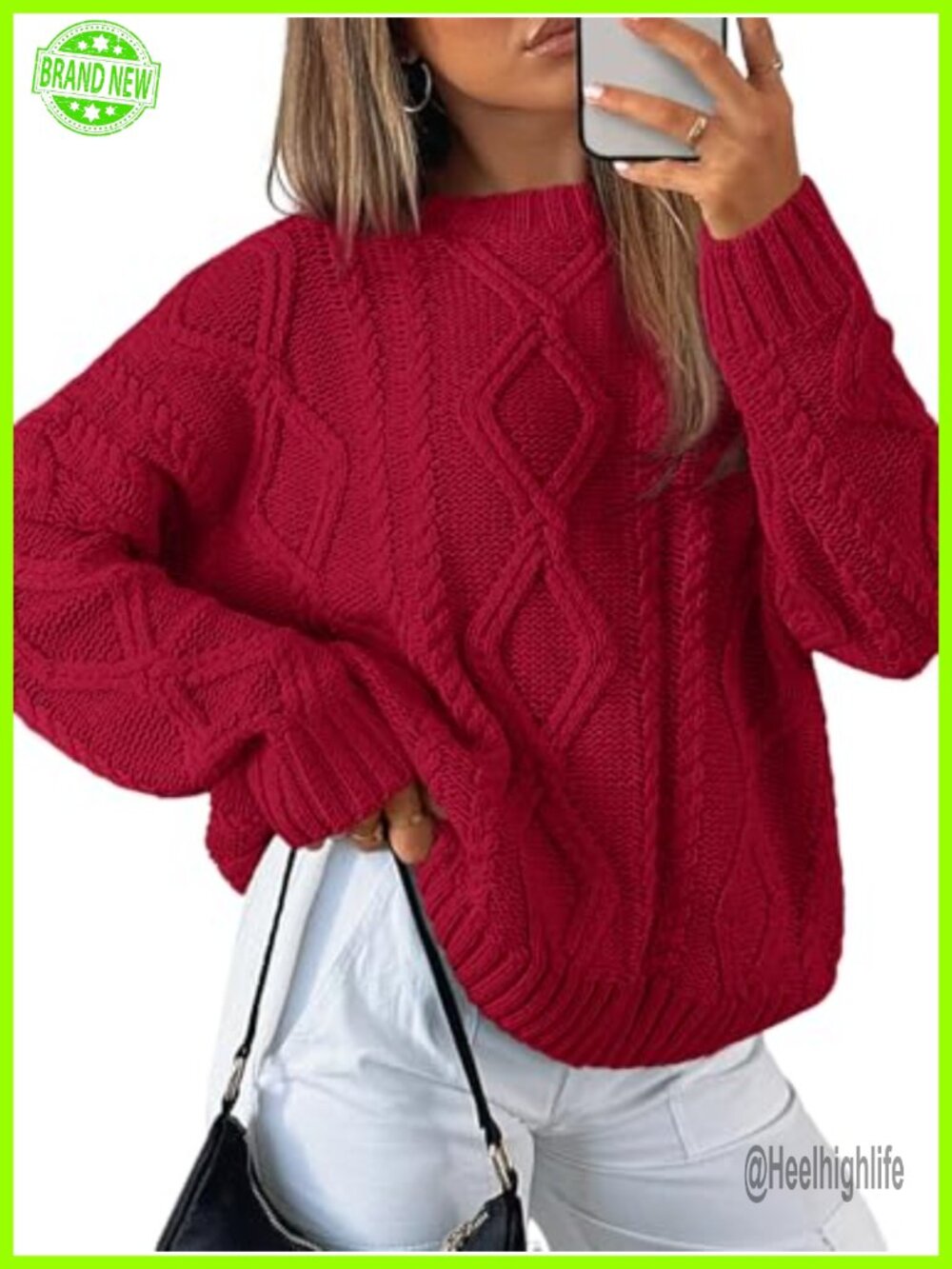 Oversized Cable Knit Sweater Crew Neck Long Sleeve Pullover Fall